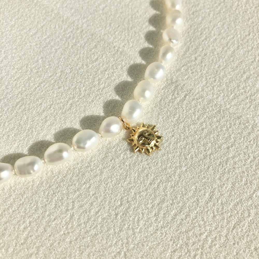 Elegant Handmade Real Pearl Necklace with Gold-Filled Sun Charm